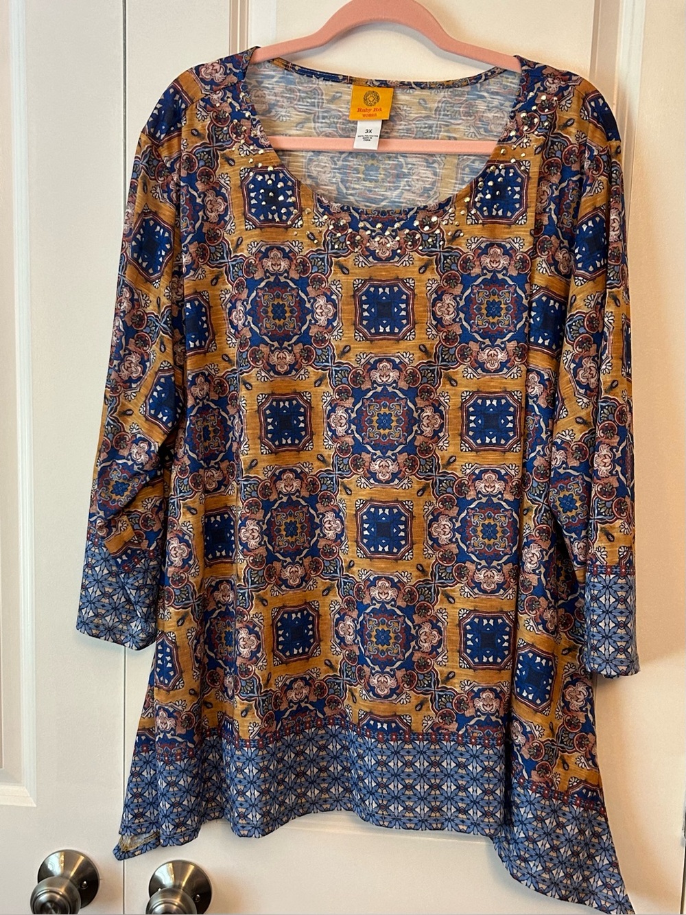 Ruby Rd Woman 3X Fall Boho Medallion Tunic Top 3/4 Sleeve